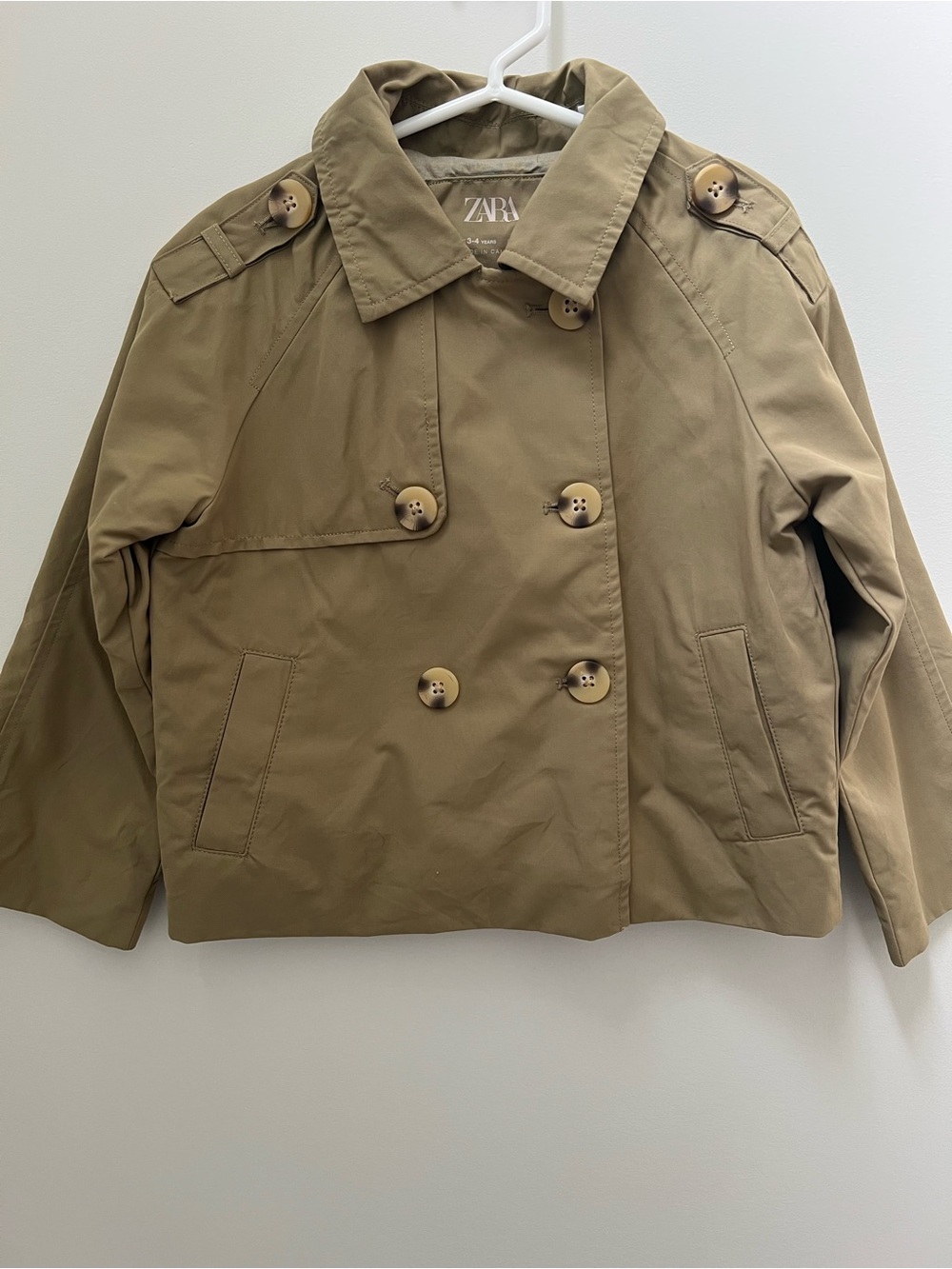 Zara Kids Olive Green Double-Breasted Pea Trench Coat